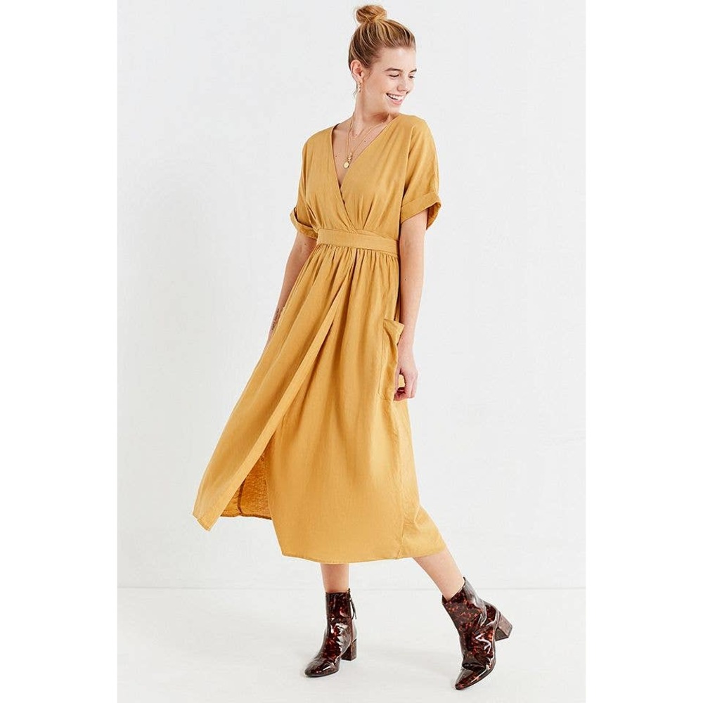 Urban Outfitters Women's Gabrielle Linen Midi Wrap Dress in Gold Size Medium